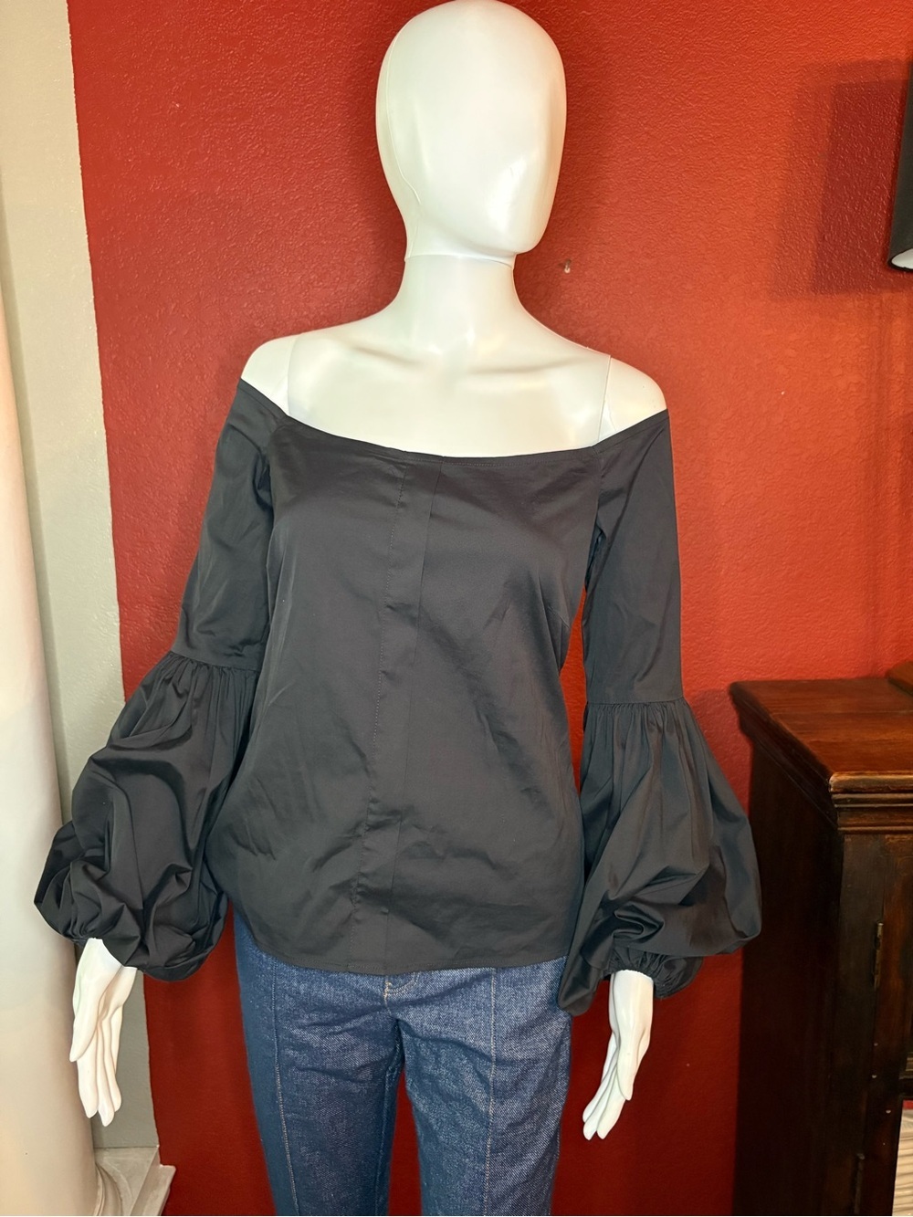 Caroline Constas Black Off-The-Shoulder Puff Sleeve Blouse - Size M